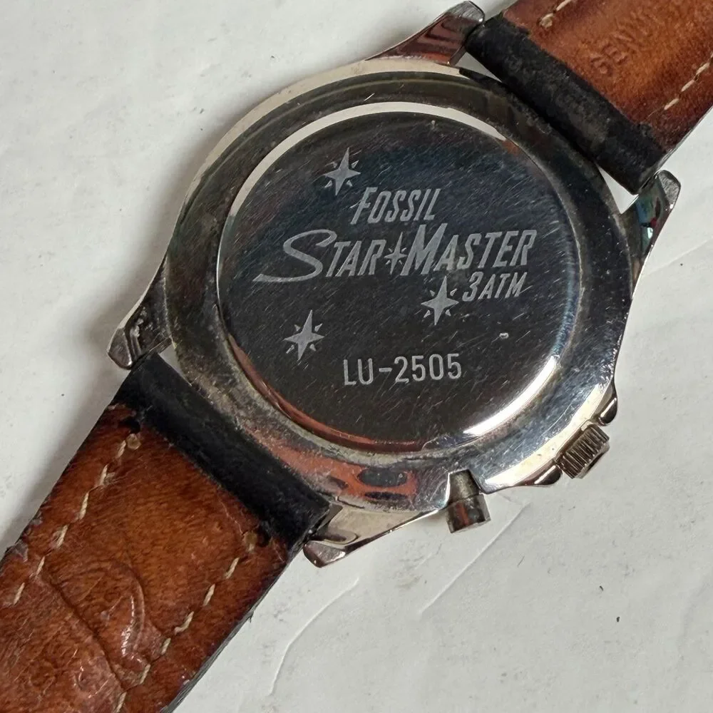 Vintage Fossil StarMaster LU-2505 Gray Dial Blue Bezel Leather Watch Date AS-IS